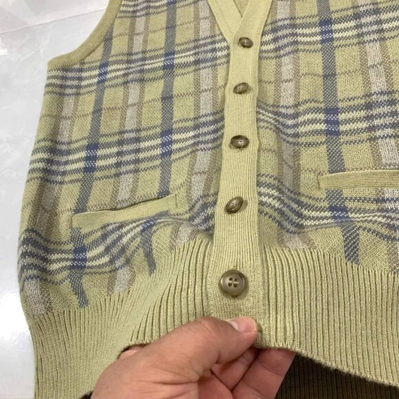 Vintage Plaid Knit Sweater Vest Olive Green - Picture 3 of 3